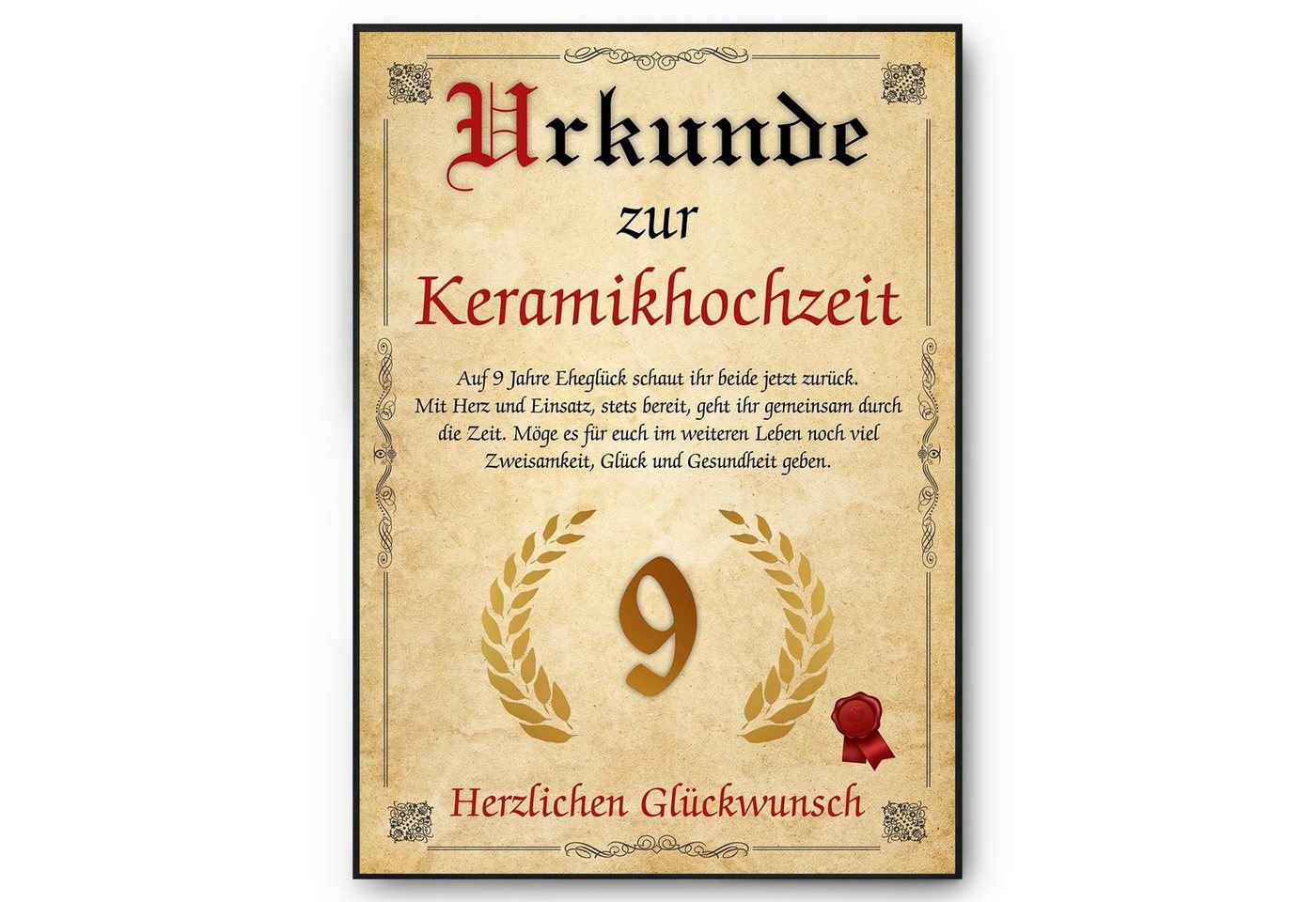 Tigerlino Poster Urkunde zum 9. Hochzeitstag Geschenk 9. Jahrestag Karte Ehepaar, Keramikhochzeit von Tigerlino