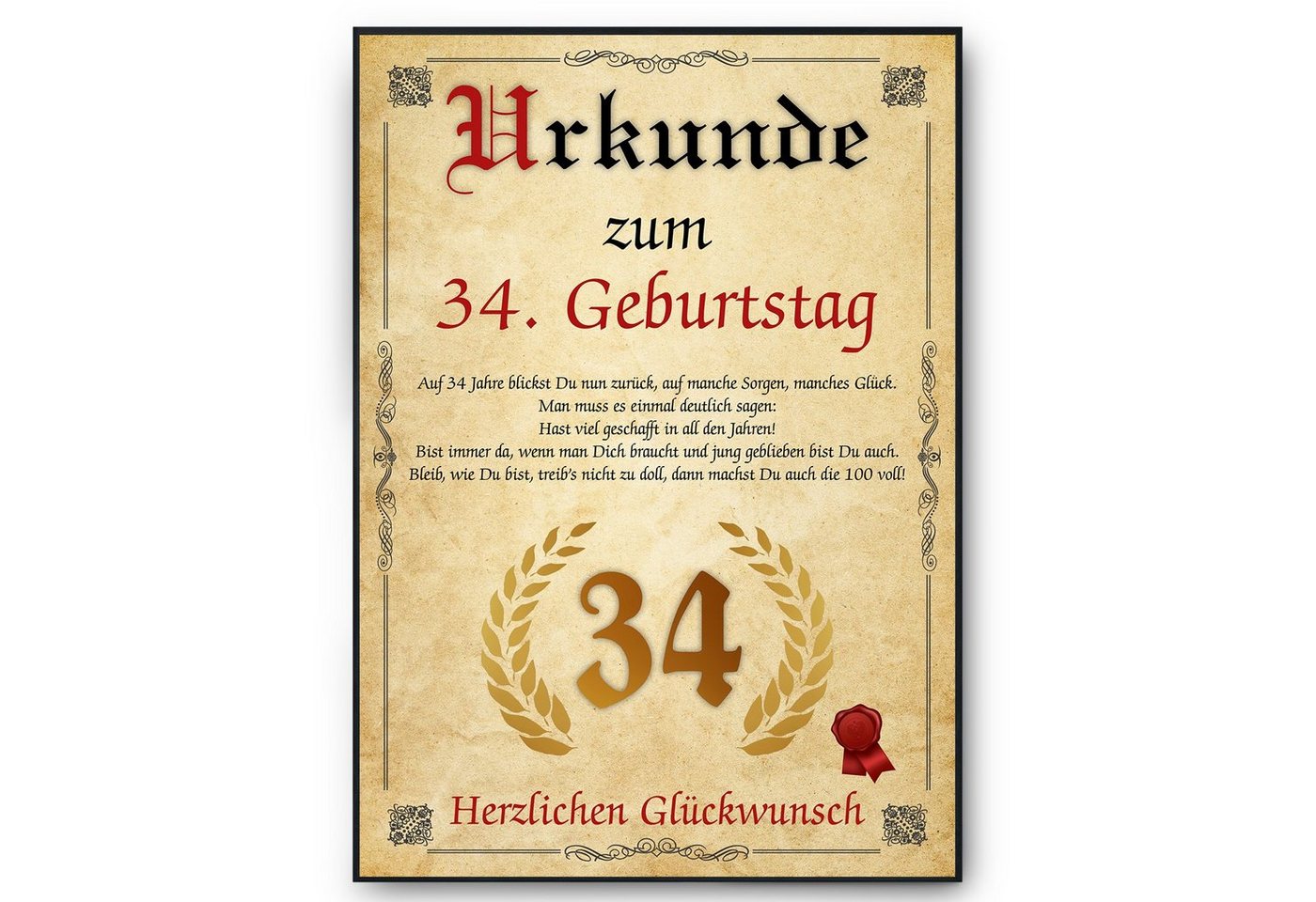 Tigerlino Poster Urkunde zum Geburtstag Mann Frau Geburtstagsgeschenk Geburtstagskarte, 34. Geburtstag Jahrgang 1990, Geburtstagsurkunde von Tigerlino