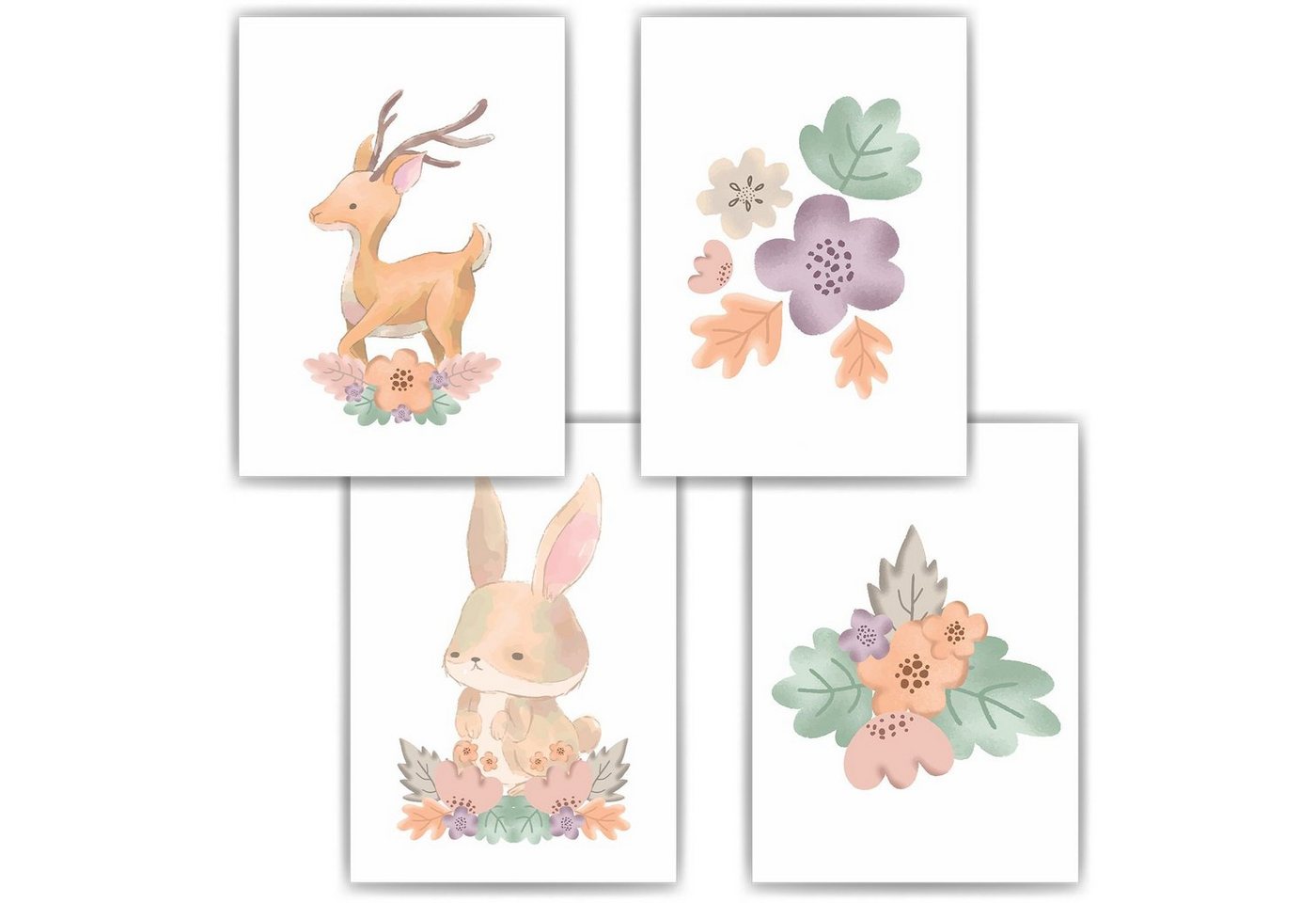 Tigerlino Poster Waldtiere Reh Hase Blumen 4er Set Kinderzimmer Wandbilder Deko Poster von Tigerlino