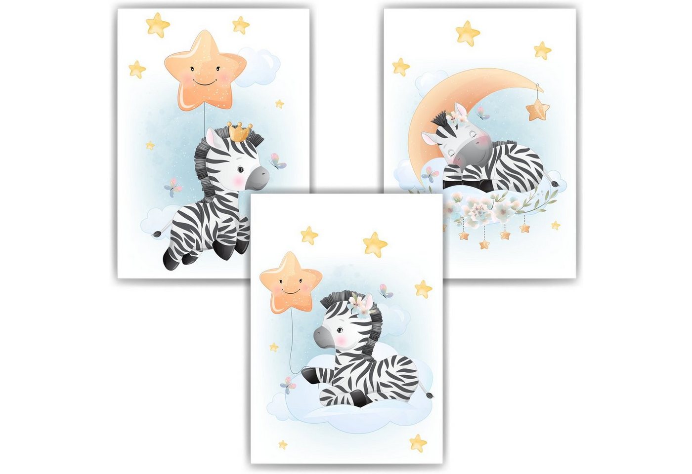 Tigerlino Poster Zebra 3er Set Kinderzimmer Bilder Babyzimmer Kinderposter von Tigerlino