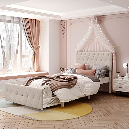 Doppelbett aus Metall mit gepolstertem Kopfteil und Schublade, robustes Plattformbett mit Metalllattenstütze, kein Boxspringbett erforderlich, einfache Montage (grau), rutschfest (beigefarbenes von Tiiiopkvvv