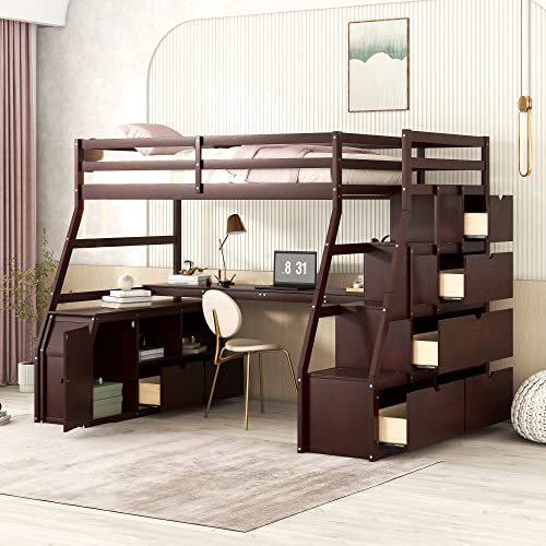 Doppelbett mit 7 Schubladen, 2 Ablagen und Schreibtisch, funktionales Holzbett mit Treppe und durchgehenden Schutzgeländern, kein Boxspringbett erforderlich, 240,5 cm L x 144,3 cm B x 173,5 cm H, Weiß Doppelbett mit 7 Schubladen, 2 Ablagen und Schreibtisch, funktionales Holzbett mit Treppe und durchgehenden Schutzgeländern, kein Boxspringbett erforderlich, 240,5 cm L x 144,3 cm B x 173,5 cm H, Weiß von Tiiiopkvvv