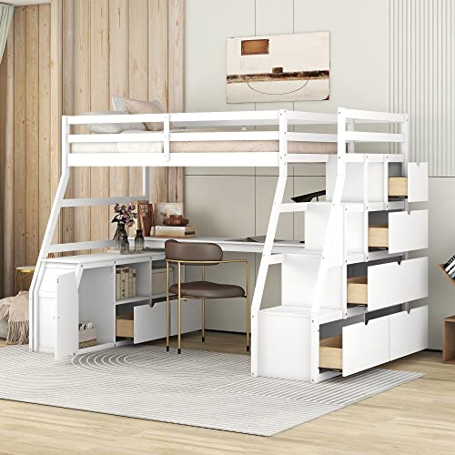 Doppelbett mit 7 Schubladen, 2 Ablagen und Schreibtisch, funktionales Holzbett mit Treppe und durchgehenden Schutzgeländern, kein Boxspringbett erforderlich, 240,5 cm L x 144,3 cm B x 173,5 cm H, Weiß Doppelbett mit 7 Schubladen, 2 Ablagen und Schreibtisch, funktionales Holzbett mit Treppe und durchgehenden Schutzgeländern, kein Boxspringbett erforderlich, 240,5 cm L x 144,3 cm B x 173,5 cm H, Weiß von Tiiiopkvvv