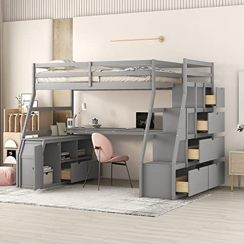 Doppelbett mit 7 Schubladen, 2 Ablagen und Schreibtisch, funktionales Holzbett mit Treppe und durchgehenden Schutzgeländern, kein Boxspringbett erforderlich, 240,5 cm L x 144,3 cm B x 173,5 cm H, Weiß Doppelbett mit 7 Schubladen, 2 Ablagen und Schreibtisch, funktionales Holzbett mit Treppe und durchgehenden Schutzgeländern, kein Boxspringbett erforderlich, 240,5 cm L x 144,3 cm B x 173,5 cm H, Weiß von Tiiiopkvvv
