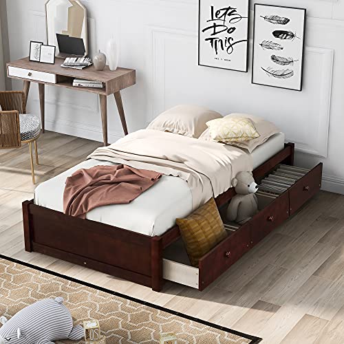 Doppelbett mit Stauraum, Kiefernholz, E-Bett mit 3 Schubladen und 10 Lamellen, schlichtes Design, kein Kopfteil und Fußteil, kein Boxspringbett erforderlich, 197,9 x 106,2 x 35,8 cm (L x B x H), Weiß von Tiiiopkvvv