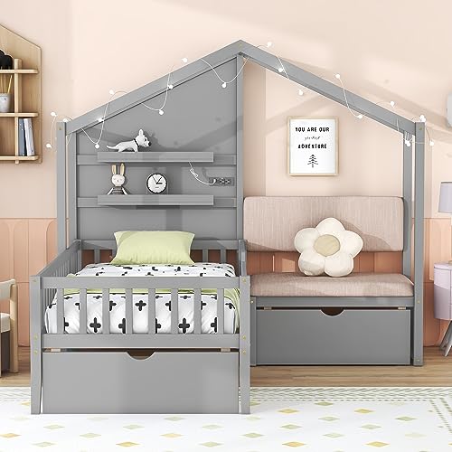 Doppelbett mit gepolstertem Sofa und Geländern, multifunktionales Holzbett mit Ladestation, kabellosem Laden, Regalen und zwei Schubladen, 210,1 cm L x 200,9 cm B x 169,9 cm H, Weiß (Grey Twin) von Tiiiopkvvv
