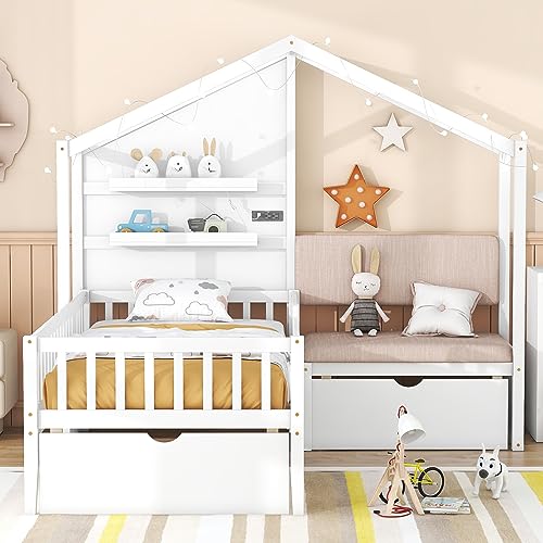 Doppelbett mit gepolstertem Sofa und Geländern, multifunktionales Holzbett mit Ladestation, kabellosem Laden, Regalen und zwei Schubladen, 210,1 cm L x 200,9 cm B x 169,9 cm H, Weiß (White Twin) von Tiiiopkvvv