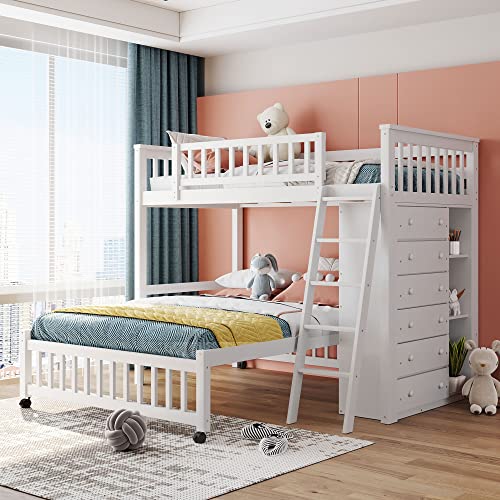 Doppelhochbett mit Aufbewahrungsschrank und durchgehendem Boden, Holz-Etagenbett mit 6 Schubladen, platzsparende Möbel (weiß), Doppelbett von Tiiiopkvvv
