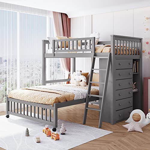 Doppelhochbett mit Aufbewahrungsschrank und durchgehendem Boden, Holz-Etagenbett mit 6 Schubladen, platzsparende Möbel (weiß) (graues Doppelbett über Full) von Tiiiopkvvv