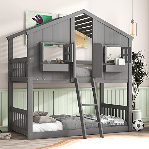 Doppelstockbett mit Dach, Fensterkästen und Tür, Sicherheitsgeländer und integrierter Leiter, feste Lamellenunterstützung, kein Boxspringbett erforderlich, 207,5 cm L x 146,8 cm B x 220,7 cm H, Grau von Tiiiopkvvv