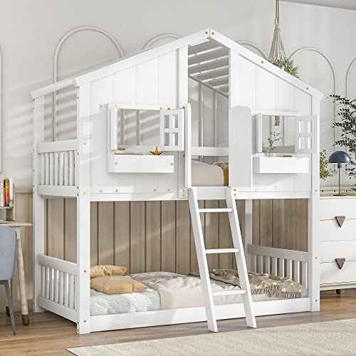 Doppelstockbett mit Dach, Fensterkästen und Tür, Sicherheitsgeländer und integrierter Leiter, feste Lamellenunterstützung, kein Boxspringbett erforderlich, 207,5 cm L x 146,8 cm B x 220,7 cm H, Grau Doppelstockbett mit Dach, Fensterkästen und Tür, Sicherheitsgeländer und integrierter Leiter, feste Lamellenunterstützung, kein Boxspringbett erforderlich, 207,5 cm L x 146,8 cm B x 220,7 cm H, Grau von Tiiiopkvvv