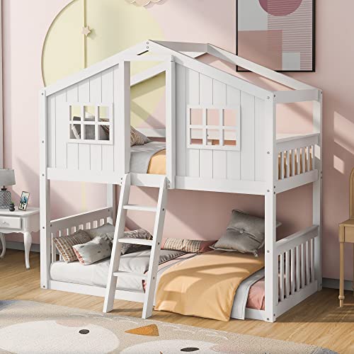 Doppelstockbett mit Kopf- und Fußteil und integrierter Leiter, Holzbett in Hausform mit Dach, kein Boxspringbett erforderlich, 201,9 cm L x 104,4 cm B x 213,4 cm H, Grau (Weiß Twin Over Twin) von Tiiiopkvvv