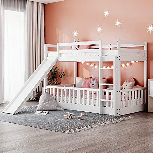 Doppelstockbett mit Rutsche und Leiter, funktionales Spielhaus-Design, Holzbett mit durchgehenden Geländern, kein Boxspringbett erforderlich, 196,3 cm L x 221,2 cm B x 137,4 cm H, Grau (Weiß Twin Over von Tiiiopkvvv