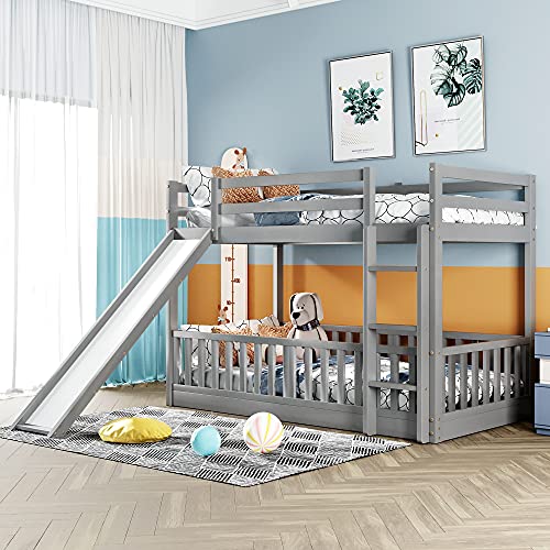 Doppelstockbett mit Rutsche und Leiter, funktionales Spielhaus-Design, Holzbett mit durchgehenden Schutzgeländern, kein Boxspringbett erforderlich, 196,3 cm L x 221,2 cm B x 137,4 cm H, Grau (graues von Tiiiopkvvv