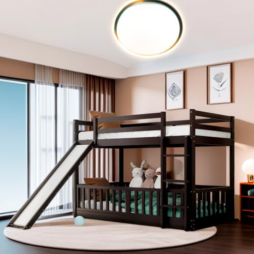 Doppelstockbett mit umwandelbarer Rutsche und Leiter, Doppelbettgröße, massives Kiefernholz und MDF, platzsparend, sicheres Design, Weiß (Espresso) von Tiiiopkvvv