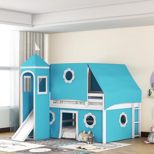Etagenbett in Doppelbettgröße mit Rutsche, Zelt und Turm, schlossähnliches Holzbett mit stabiler Konstruktion und geräumigem Platz unter dem Bett, kein Boxspringbett erforderlich, 204 cm L x 108 cm B Etagenbett in Doppelbettgröße mit Rutsche, Zelt und Turm, schlossähnliches Holzbett mit stabiler Konstruktion und geräumigem Platz unter dem Bett, kein Boxspringbett erforderlich, 204 cm L x 108 cm B von Tiiiopkvvv