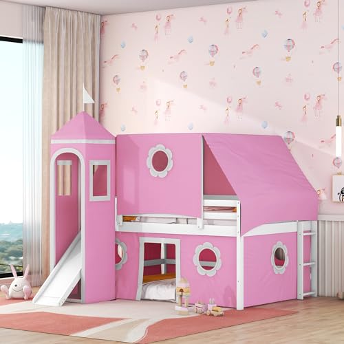 Etagenbett in Doppelbettgröße mit Rutsche, Zelt und Turm, schlossähnliches Holzbett mit stabiler Konstruktion und geräumigem Platz unter dem Bett, kein Boxspringbett erforderlich, 204 cm L x 108 cm B Etagenbett in Doppelbettgröße mit Rutsche, Zelt und Turm, schlossähnliches Holzbett mit stabiler Konstruktion und geräumigem Platz unter dem Bett, kein Boxspringbett erforderlich, 204 cm L x 108 cm B von Tiiiopkvvv