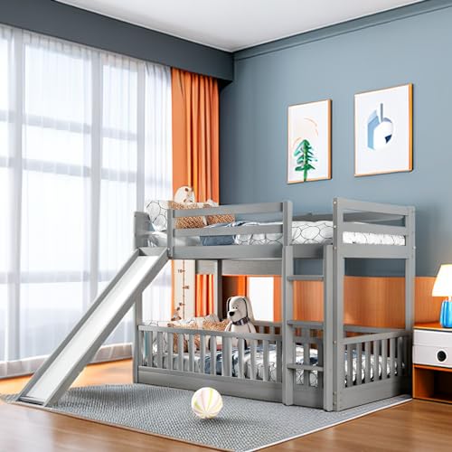 Etagenbett mit umwandelbarer Rutsche und Leiter, Doppelbettgröße, massives Kiefernholz und MDF, platzsparend, sicheres Design, Weiß (Grau) von Tiiiopkvvv
