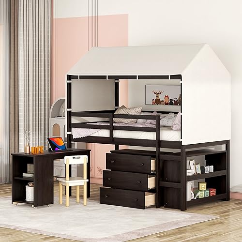 Funktionales Hochbett mit Schreibtisch, Rollschrank, Bücherregal und Zelt, durchgehende Schutzschiene auf der oberen Etage für Sicherheit, kein Boxspringbett erforderlich, 198,9 cm L x 99,8 cm B x Funktionales Hochbett mit Schreibtisch, Rollschrank, Bücherregal und Zelt, durchgehende Schutzschiene auf der oberen Etage für Sicherheit, kein Boxspringbett erforderlich, 198,9 cm L x 99,8 cm B x von Tiiiopkvvv