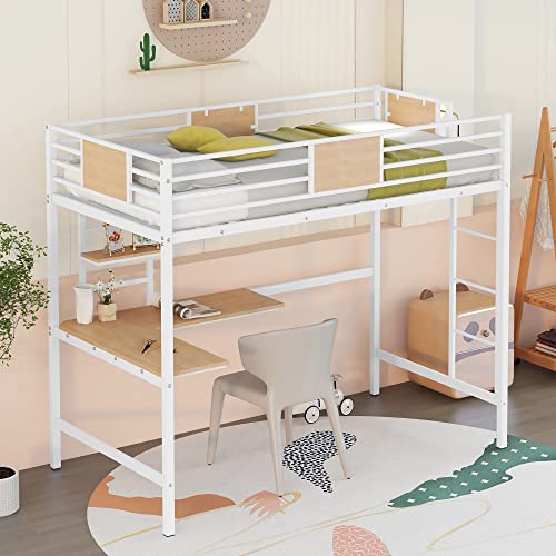 Funktionales Metall-Hochbett in Doppelgröße mit Schreibtisch, Regal und robusten Metalllamellen, horizontalen Lattenrosten, durchgehenden Schutzleisten und integrierter 4-stufiger Leiter, 196,1 cm L x Funktionales Metall-Hochbett in Doppelgröße mit Schreibtisch, Regal und robusten Metalllamellen, horizontalen Lattenrosten, durchgehenden Schutzleisten und integrierter 4-stufiger Leiter, 196,1 cm L x von Tiiiopkvvv
