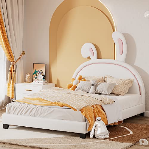Gepolstertes Leder-Plattformbett für Doppelbett, mit Kaninchen-Ornament, dekoriertes Kopfteil, schönes Design mit Latten, kein Boxspringbett erforderlich, 201,9 cm L x 104,9 cm B x 134,1 cm H (weiß von Tiiiopkvvv