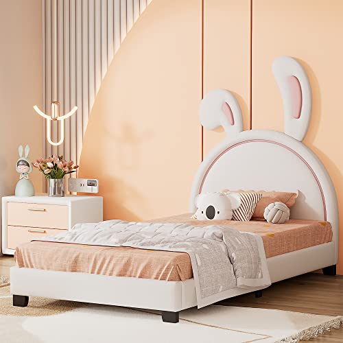 Gepolstertes Leder-Plattformbett für Doppelbetten mit Kaninchen-Ornament, dekoriertes Kopfteil, schönes Design mit Latten, kein Boxspringbett erforderlich, 201,9 cm L x 104,9 cm B x 134,1 cm H (weißes von Tiiiopkvvv