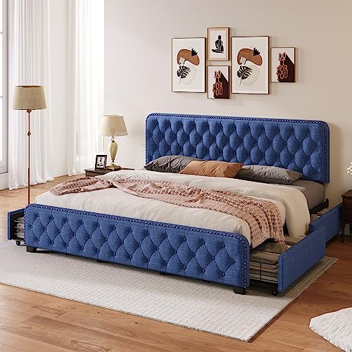 Gepolstertes Plattformbett in voller Größe, mit vier Schubladen, getuftetes Kopfteil und Fußteil, stabile Metallstütze, kein Boxspringbett erforderlich, 199,9 cm L x 148,1 cm B x 106,9 cm H, Blau Gepolstertes Plattformbett in voller Größe, mit vier Schubladen, getuftetes Kopfteil und Fußteil, stabile Metallstütze, kein Boxspringbett erforderlich, 199,9 cm L x 148,1 cm B x 106,9 cm H, Blau von Tiiiopkvvv