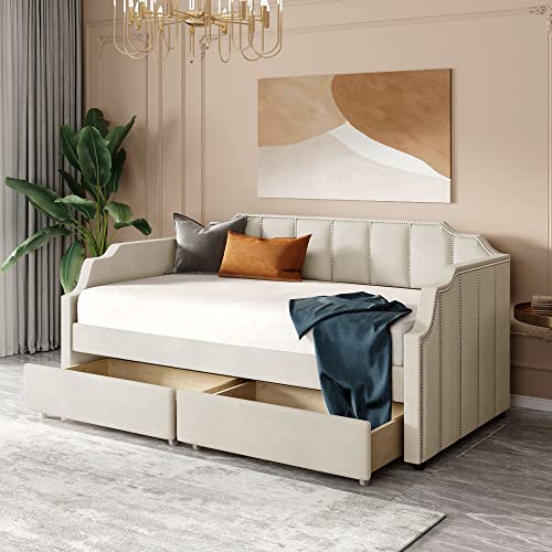 Gepolstertes Tagesbett für Doppelbett, mit zwei Schubladen und Holzlattenstütze, ausgewählter Samtstoff und Nieten, kein Boxspringbett erforderlich, 200,9 x 103,1 x 93 cm (L x B x H), Beige von Tiiiopkvvv