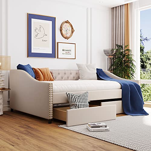 Gepolstertes Tagesbett mit zwei Schubladen, Massivholzbett mit starker Holzlattenstütze, kompatibel mit Kindern und Jugendlichen, platzsparendes Design, kein Boxspringbett erforderlich (grau Gepolstertes Tagesbett mit zwei Schubladen, Massivholzbett mit starker Holzlattenstütze, kompatibel mit Kindern und Jugendlichen, platzsparendes Design, kein Boxspringbett erforderlich (grau von Tiiiopkvvv