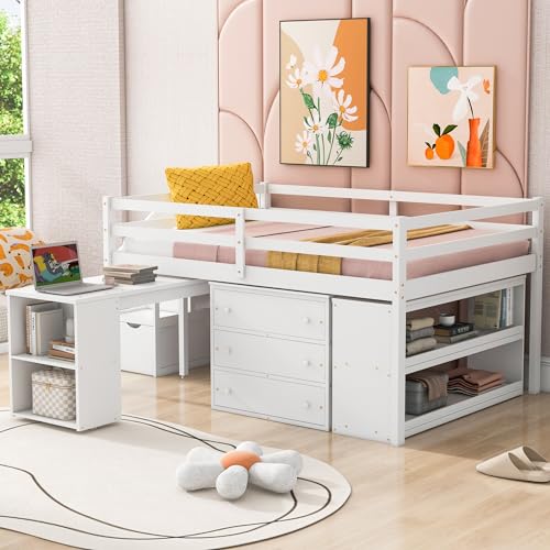 Hochbett in voller Größe mit ausziehbarem Schreibtisch und 3 Schubladen, multifunktionales Holzbett mit Stauraum, Treppe und Regalen, kein Boxspringbett erforderlich, 238,3 cm L x 146,1 cm B x 111,3 Hochbett in voller Größe mit ausziehbarem Schreibtisch und 3 Schubladen, multifunktionales Holzbett mit Stauraum, Treppe und Regalen, kein Boxspringbett erforderlich, 238,3 cm L x 146,1 cm B x 111,3 von Tiiiopkvvv