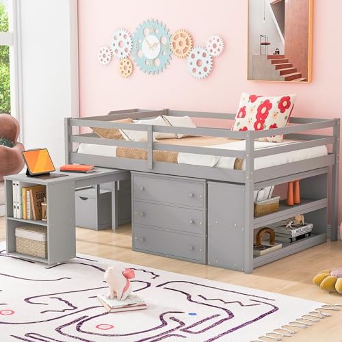 Hochbett in voller Größe mit ausziehbarem Schreibtisch und 3 Schubladen, multifunktionales Holzbett mit Stauraum, Treppe und Regalen, kein Boxspringbett erforderlich, 238,3 cm L x 146,1 cm B x 111,3 Hochbett in voller Größe mit ausziehbarem Schreibtisch und 3 Schubladen, multifunktionales Holzbett mit Stauraum, Treppe und Regalen, kein Boxspringbett erforderlich, 238,3 cm L x 146,1 cm B x 111,3 von Tiiiopkvvv