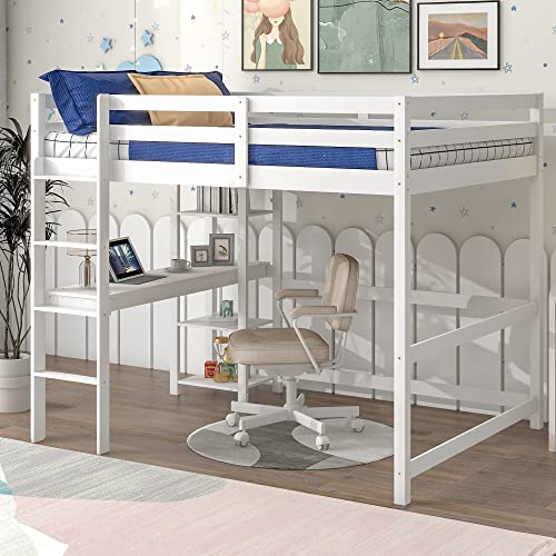 Hochbett in voller Größe mit integriertem Schreibtisch und Leiter und hohen Schutzgeländern, funktionales Holzbett mit 14 massiven Lamellen, kein Boxspringbett erforderlich, 201,9 cm L x 149,4 cm B x Hochbett in voller Größe mit integriertem Schreibtisch und Leiter und hohen Schutzgeländern, funktionales Holzbett mit 14 massiven Lamellen, kein Boxspringbett erforderlich, 201,9 cm L x 149,4 cm B x von Tiiiopkvvv