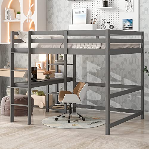 Hochbett in voller Größe mit integriertem Schreibtisch und Leiter und hohen Schutzgeländern, funktionales Holzbett mit 14 massiven Lamellen, kein Boxspringbett erforderlich, 201,9 cm L x 149,4 cm B x Hochbett in voller Größe mit integriertem Schreibtisch und Leiter und hohen Schutzgeländern, funktionales Holzbett mit 14 massiven Lamellen, kein Boxspringbett erforderlich, 201,9 cm L x 149,4 cm B x von Tiiiopkvvv