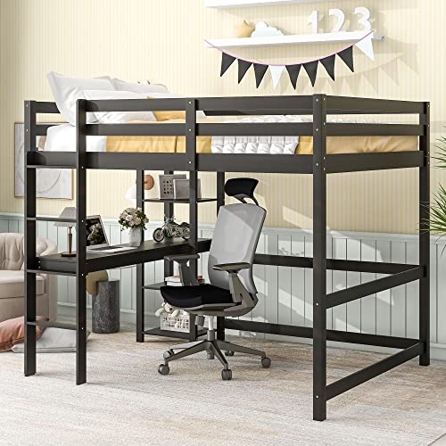 Hochbett in voller Größe mit integriertem Schreibtisch und Leiter und hohen Schutzgeländern, funktionales Holzbett mit 14 massiven Lamellen, kein Boxspringbett erforderlich, 201,9 cm L x 149,4 cm B x Hochbett in voller Größe mit integriertem Schreibtisch und Leiter und hohen Schutzgeländern, funktionales Holzbett mit 14 massiven Lamellen, kein Boxspringbett erforderlich, 201,9 cm L x 149,4 cm B x von Tiiiopkvvv