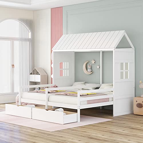 Holzbett in Hausform mit 2 Schubladen und Geländern, zwei Einzelbetten mit solider Konstruktion, kein Boxspringbett erforderlich, 214,4 cm L x 204 cm B x 205 cm H, Grau (Weiß Twin & Twin Size) von Tiiiopkvvv