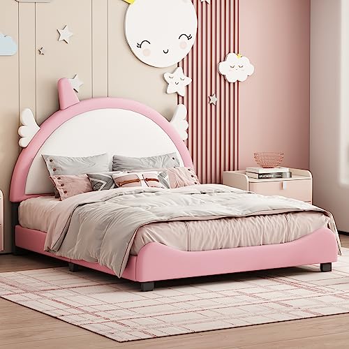 Kinder-Vollbett mit Kopfteil, gepolstertes Vollplattformbett für Kinder, mit Einhorn-Kopfteil, Holz-Vollbett, kompatibel mit Mädchen, Teenagern, einfache Montage, kein Boxspringbett erforderlich Kinder-Vollbett mit Kopfteil, gepolstertes Vollplattformbett für Kinder, mit Einhorn-Kopfteil, Holz-Vollbett, kompatibel mit Mädchen, Teenagern, einfache Montage, kein Boxspringbett erforderlich von Tiiiopkvvv