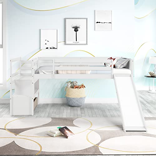 Niedriges Hochbett für Doppelbett, Holz, mit Stauraum, Treppe und Rutsche, durchgehende Schutzleisten auf dem Bett und großem Unterbettplatz, kein Boxspringbett erforderlich, 240,5 cm L x 209,7 cm B x Niedriges Hochbett für Doppelbett, Holz, mit Stauraum, Treppe und Rutsche, durchgehende Schutzleisten auf dem Bett und großem Unterbettplatz, kein Boxspringbett erforderlich, 240,5 cm L x 209,7 cm B x von Tiiiopkvvv