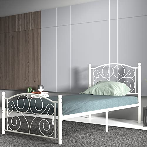 Plattformbett aus Metall in voller Größe, mit Kopfteil und Fußteil, einzigartiges Blumen-stabiles System und großer Platz unter dem Bett, kein Boxspringbett erforderlich, 198,1 cm L x 143,5 cm B x von Tiiiopkvvv