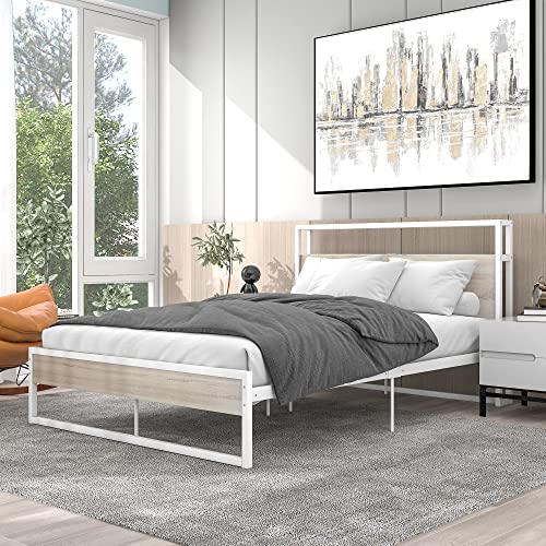 Plattformbett aus Metall in voller Größe, mit Steckdosen, USB-Anschlüssen und 14 Lamellen, speziell entworfenes Kopf- und Fußteil, kein Boxspringbett erforderlich, 209 cm L x 141,2 cm B x 99,1 cm H Plattformbett aus Metall in voller Größe, mit Steckdosen, USB-Anschlüssen und 14 Lamellen, speziell entworfenes Kopf- und Fußteil, kein Boxspringbett erforderlich, 209 cm L x 141,2 cm B x 99,1 cm H von Tiiiopkvvv