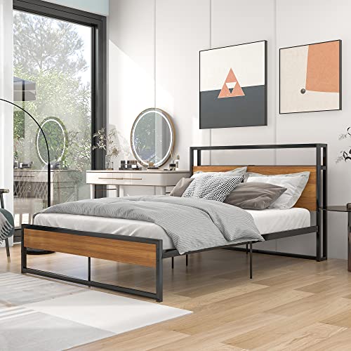 Plattformbett aus Metall in voller Größe, mit Steckdosen, USB-Anschlüssen und 14 Lamellen, speziell entworfenes Kopf- und Fußteil, kein Boxspringbett erforderlich, 209 cm L x 141,2 cm B x 99,1 cm H Plattformbett aus Metall in voller Größe, mit Steckdosen, USB-Anschlüssen und 14 Lamellen, speziell entworfenes Kopf- und Fußteil, kein Boxspringbett erforderlich, 209 cm L x 141,2 cm B x 99,1 cm H von Tiiiopkvvv