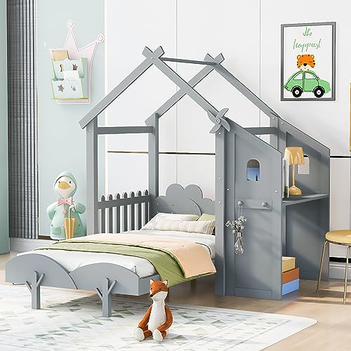 Plattformbett in voller Größe mit Windmühle und Blumendekor, märchenhaftes Hausbett mit Schreibtisch, Zäunen und zwei Griffen, kein Boxspringbett erforderlich, 194,3 cm L x 192 cm B x 169,2 cm H, Weiß Plattformbett in voller Größe mit Windmühle und Blumendekor, märchenhaftes Hausbett mit Schreibtisch, Zäunen und zwei Griffen, kein Boxspringbett erforderlich, 194,3 cm L x 192 cm B x 169,2 cm H, Weiß von Tiiiopkvvv