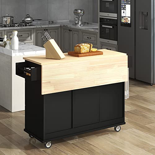 Rollbarer Sideboardwagen mit Holztischplatte & Fallblatt- und Handtuchhalter & 3 Schubladen & Doppeltürenschrank, mobiler Kücheninsel-Aufbewahrungsschrank (schwarz) von Tiiiopkvvv