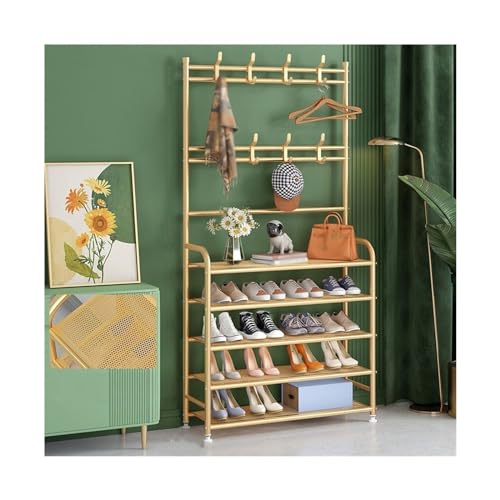 Stapelbarer 5-stöckiger Eingangsgarderobe und Schuhregal, moderne Luxusgarderobe, leichtes Schuhregal aus Metall mit zweireihigen Haken für Schlafzimmer, Flur, Büroschuh (Farbe: Gold, Größe: 4 Ebenen von Tiiiopkvvv