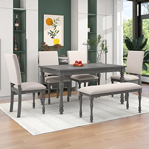 Tiiiopkvvv 6-teiliges Esstisch aus Holz, ein rechteckiger Tisch mit gedrehten Beinen, 4 gepolsterten Stühlen und einer Polsterbank für Esszimmer/Wohnzimmer (Grau) von Tiiiopkvvv