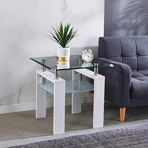 Tiiiopkvvv Beistelltisch mit quadratischer Tischplatte aus gehärtetem Glas und Ablagefläche und Edelstahlbeinen, moderne Akzent-Sofabeistelltische und kleine Couchtische (weiß) von Tiiiopkvvv