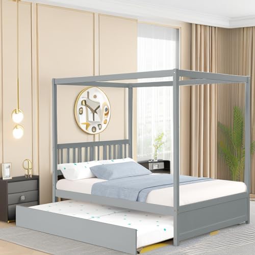Tiiiopkvvv Betthimmelbett in voller Größe mit Doppelausziehbett, Kinderbett aus Massivholz, Plattformbett mit Kopfteil, kein Boxspringbett erforderlich, Grau Tiiiopkvvv Betthimmelbett in voller Größe mit Doppelausziehbett, Kinderbett aus Massivholz, Plattformbett mit Kopfteil, kein Boxspringbett erforderlich, Grau von Tiiiopkvvv