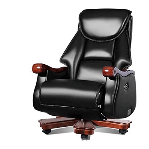 Tiiiopkvvv Bürostuhl Boss Stuhl Rindsleder Massivholz Business Executive Chairman Ergonomischer Computerstuhl Massivholz Drehstuhl Einziehbares Fußpolster für Zuhause oder Geschäft von Tiiiopkvvv