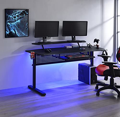 Tiiiopkvvv Computer-Gaming-Schreibtisch mit integriertem USB-Anschluss & Plug & Tastaturablage, offenem Fach und LED-Licht, rechteckiger Gaming-Tisch 149,9 cm L x 71,1 cm B x 83,8 cm H (schwarz) von Tiiiopkvvv