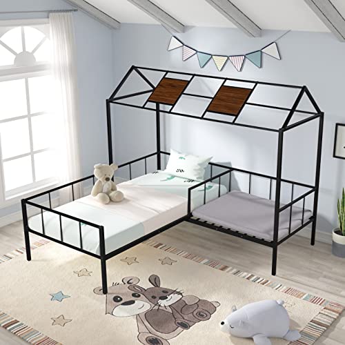 Tiiiopkvvv Doppelbett, Hausform, Metall, Spielbett mit Sitzbereich, funktionales Bett mit Geländer und stabilen Latten, kein Boxspringbett erforderlich, 202 cm L x 195,5 cm B x 165 cm H, Schwarz von Tiiiopkvvv
