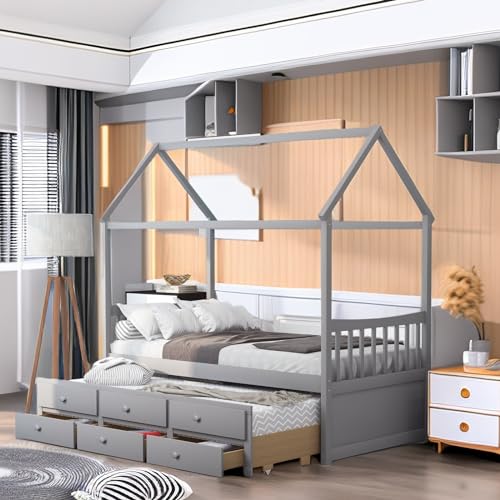 Tiiiopkvvv Doppelbett aus Holz mit Ausziehbett und 3 Schubladen, kein Boxspringbett erforderlich, Grau, Doppelbettgröße von Tiiiopkvvv